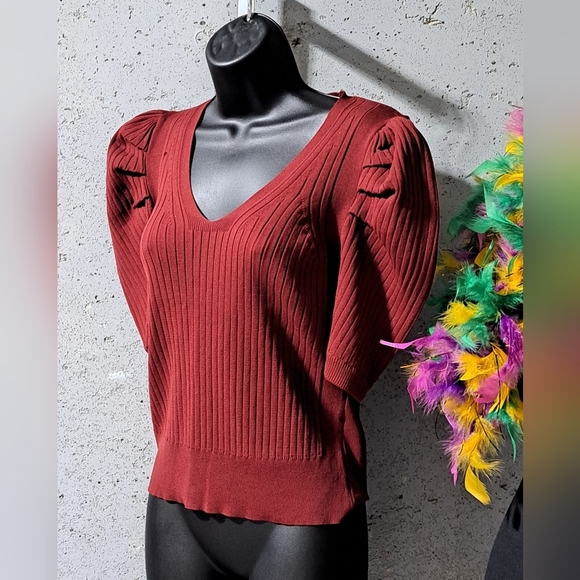 #051 Sz S/P Industry Republic Wine Ribbed Top with Puffed Sleeves - Picture 1 of 7